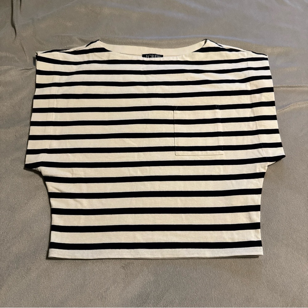 J.Crew Black Cream Striped Boxy Cropped Knit Top Pocket Size S